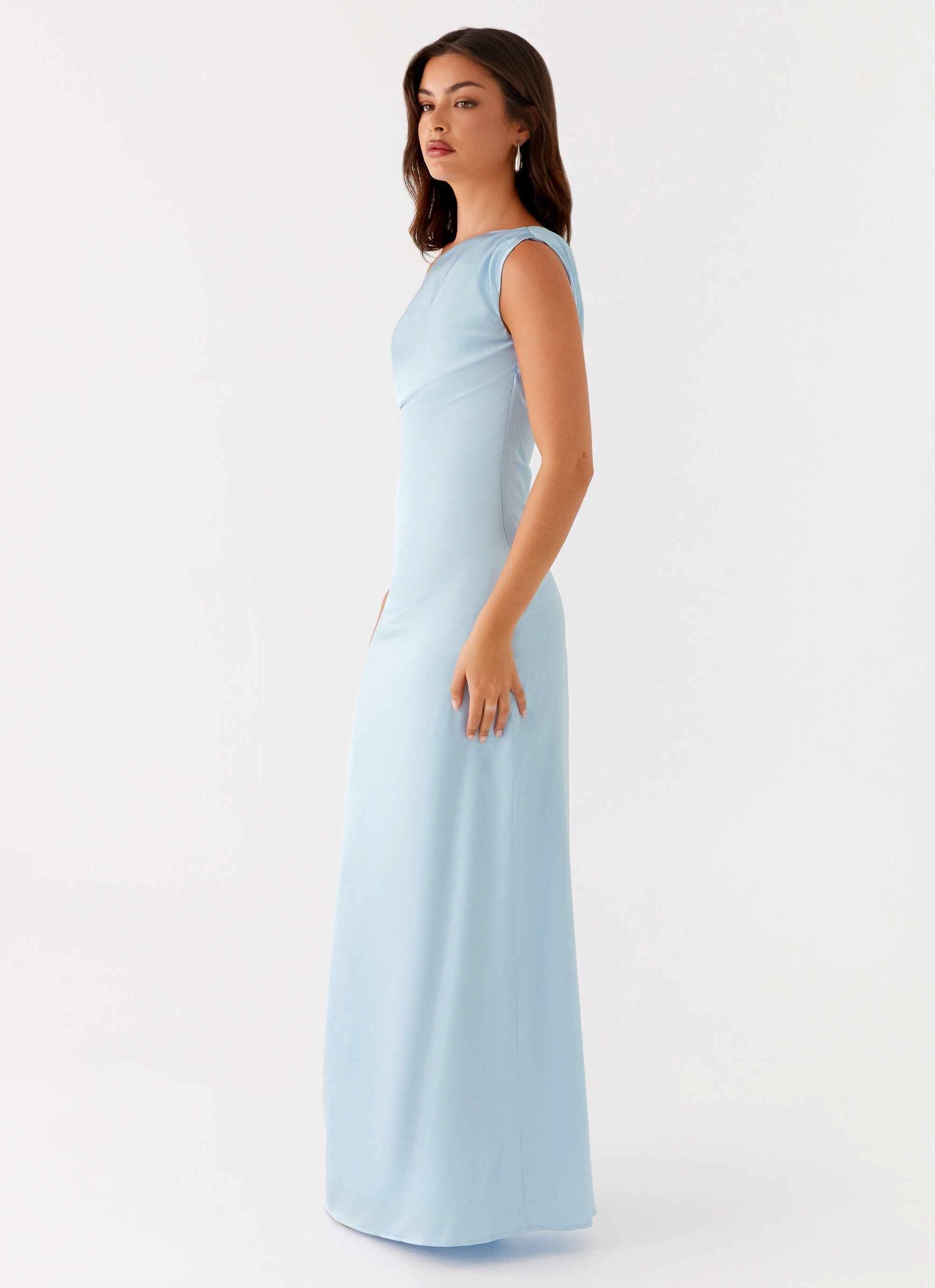Heart of Glass Maxi Dress - Blue Satin Off-Shoulder