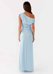 Heart of Glass Maxi Dress - Blue Satin Off-Shoulder
