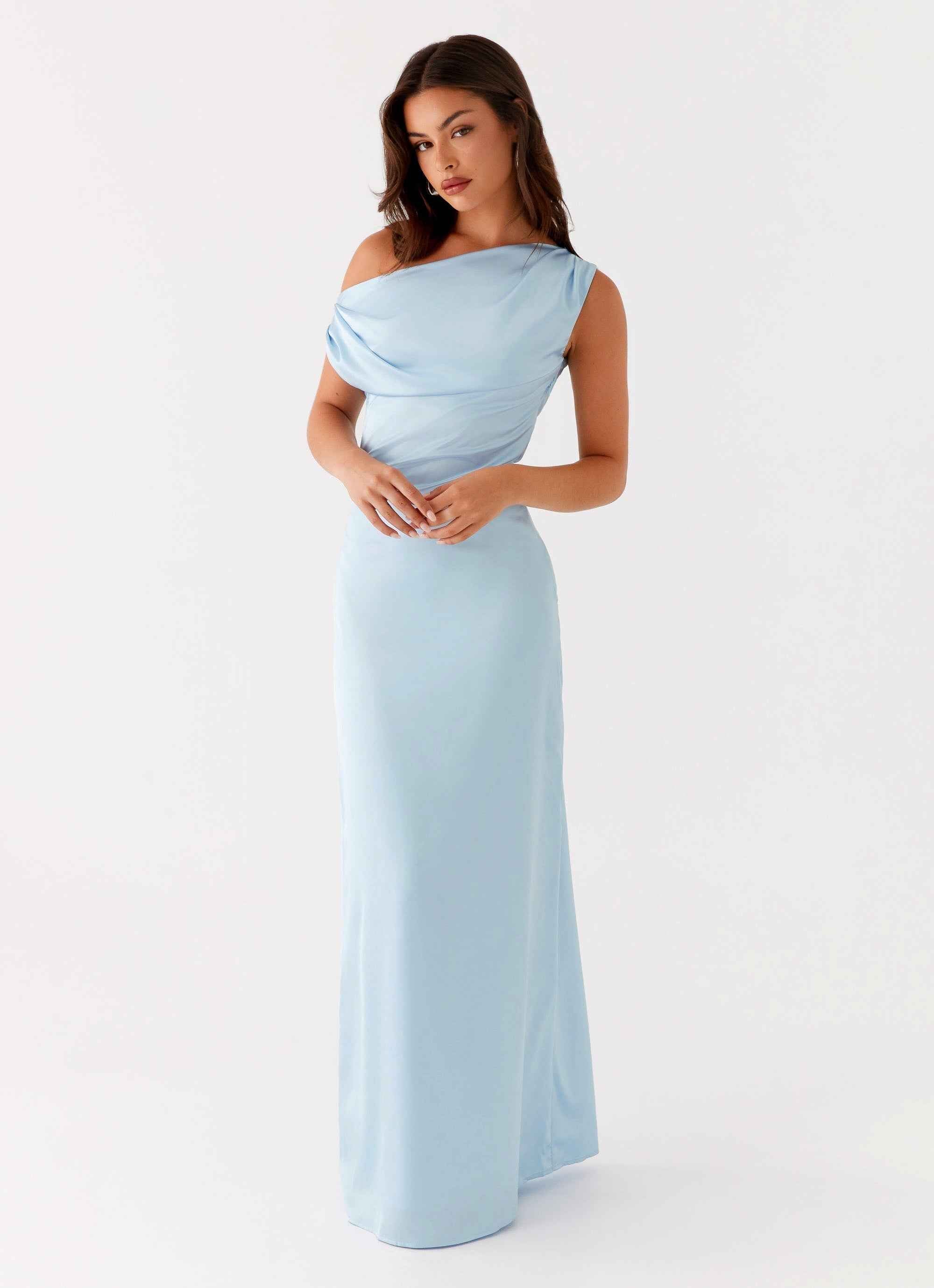 Heart of Glass Maxi Dress - Blue Satin Off-Shoulder