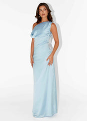Heart of Glass Maxi Dress - Blue Satin Off-Shoulder