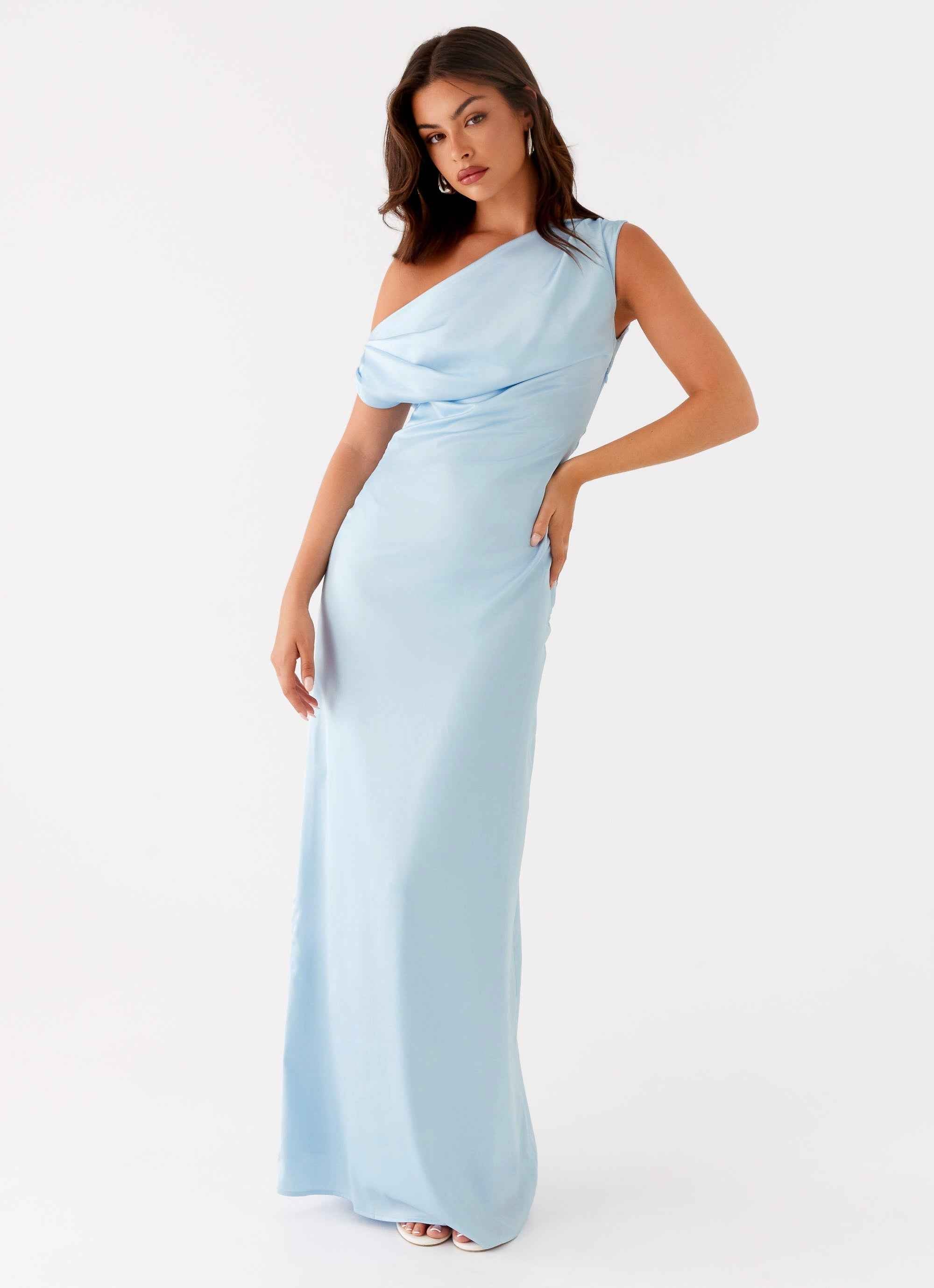 Heart of Glass Maxi Dress - Blue Satin Off-Shoulder