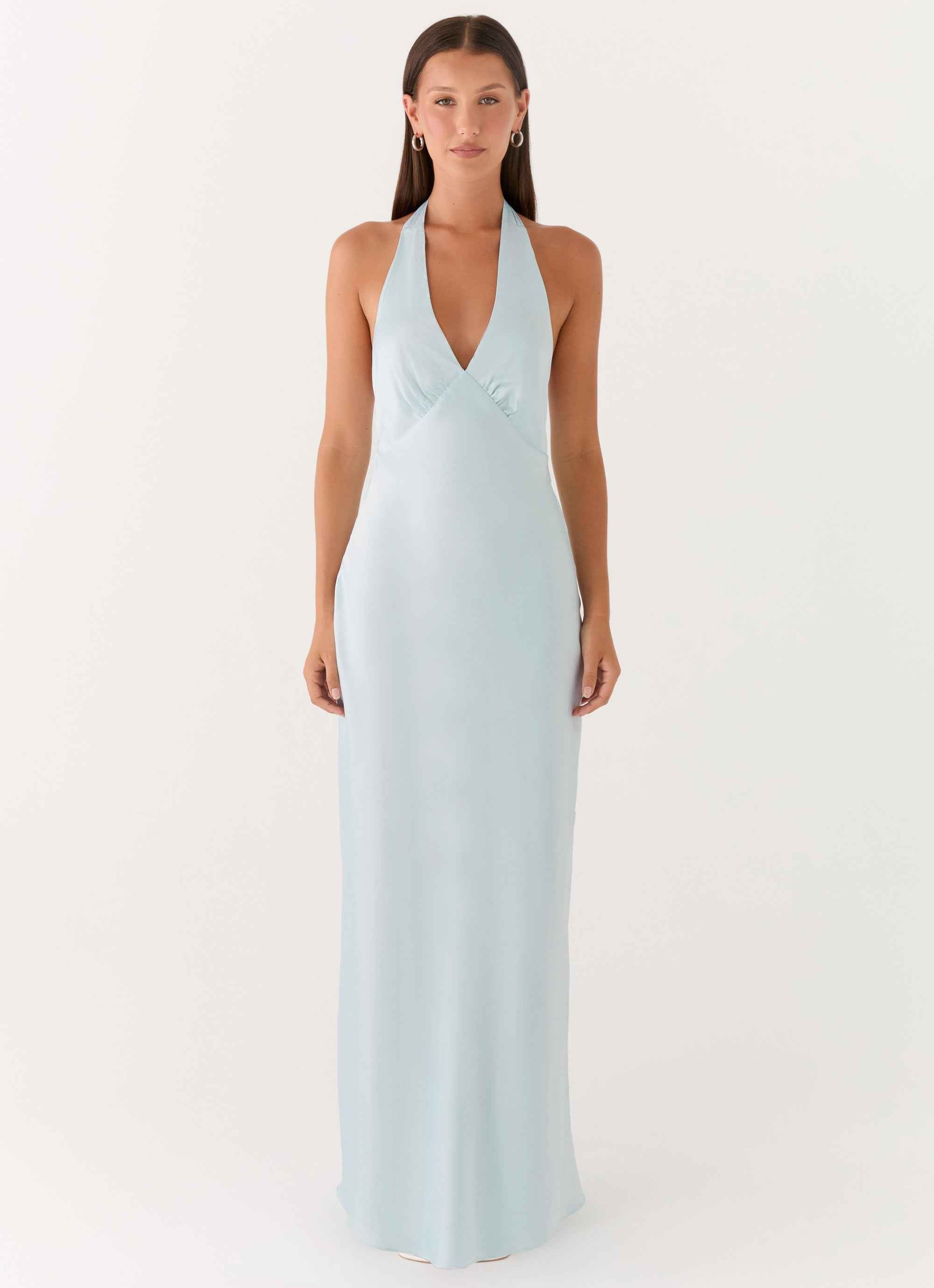 Heavy Hearted Maxi Dress - Ice Blue Satin Halterneck
