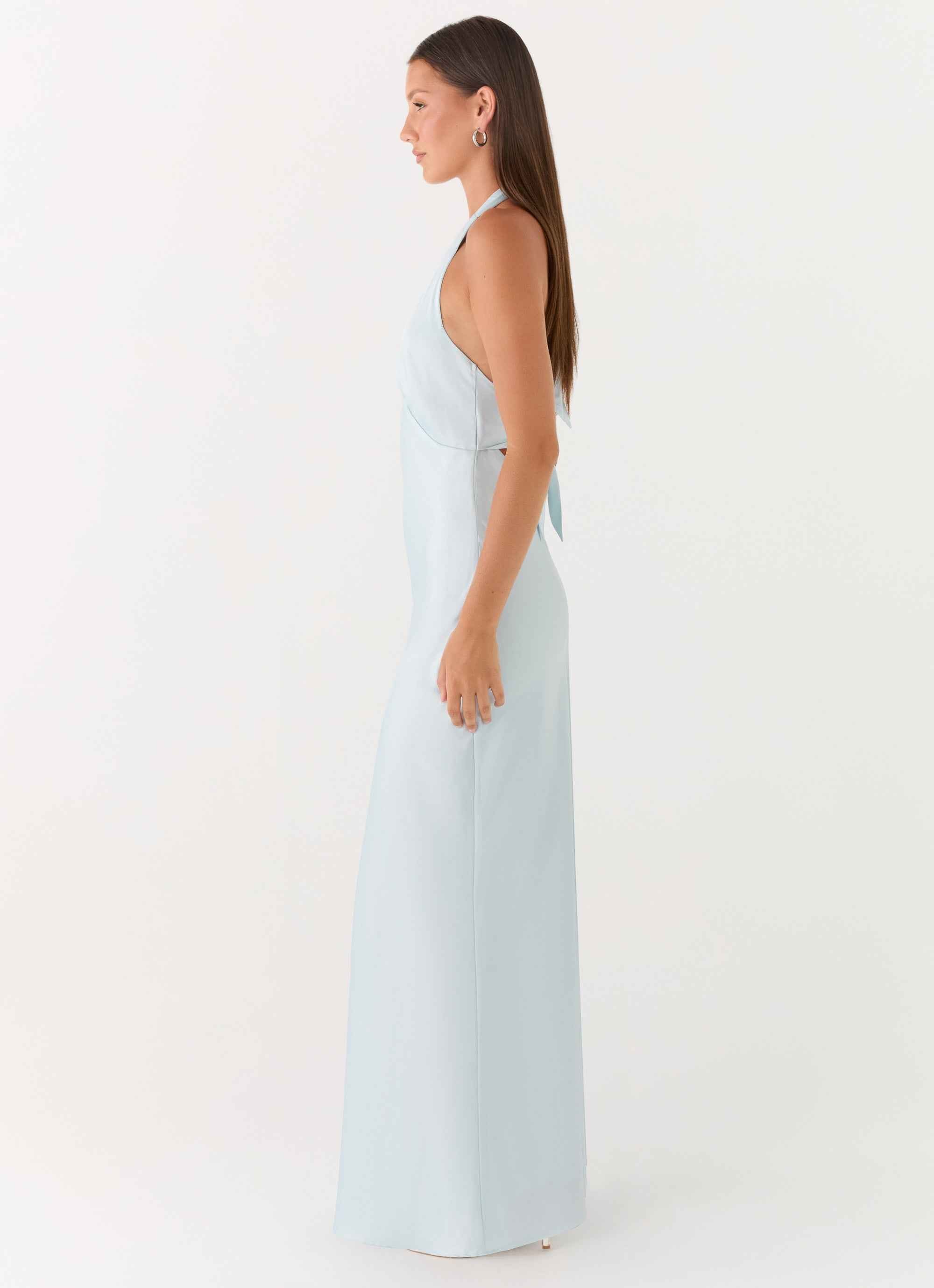 Heavy Hearted Maxi Dress - Ice Blue Satin Halterneck