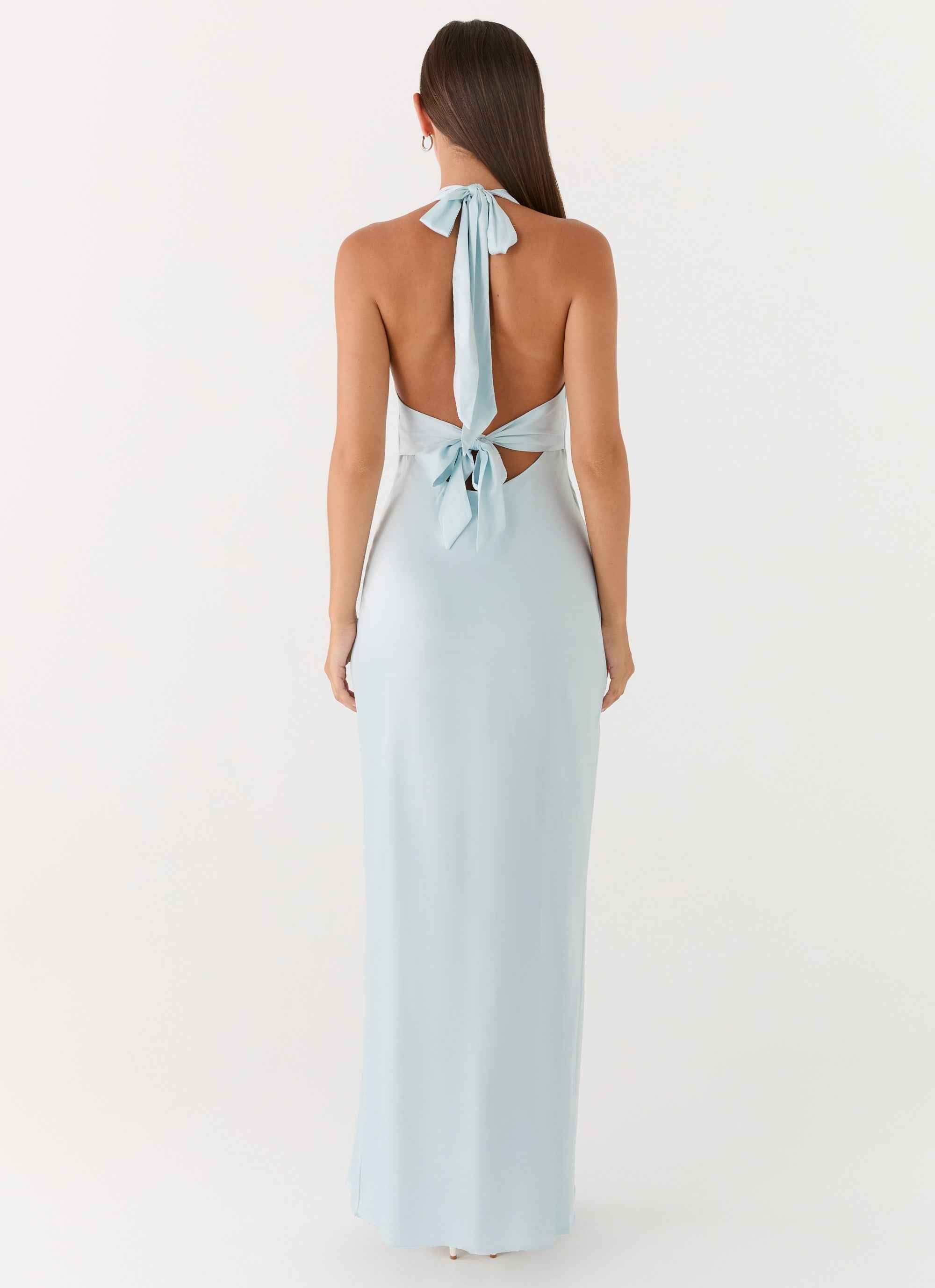 Heavy Hearted Maxi Dress - Ice Blue Satin Halterneck