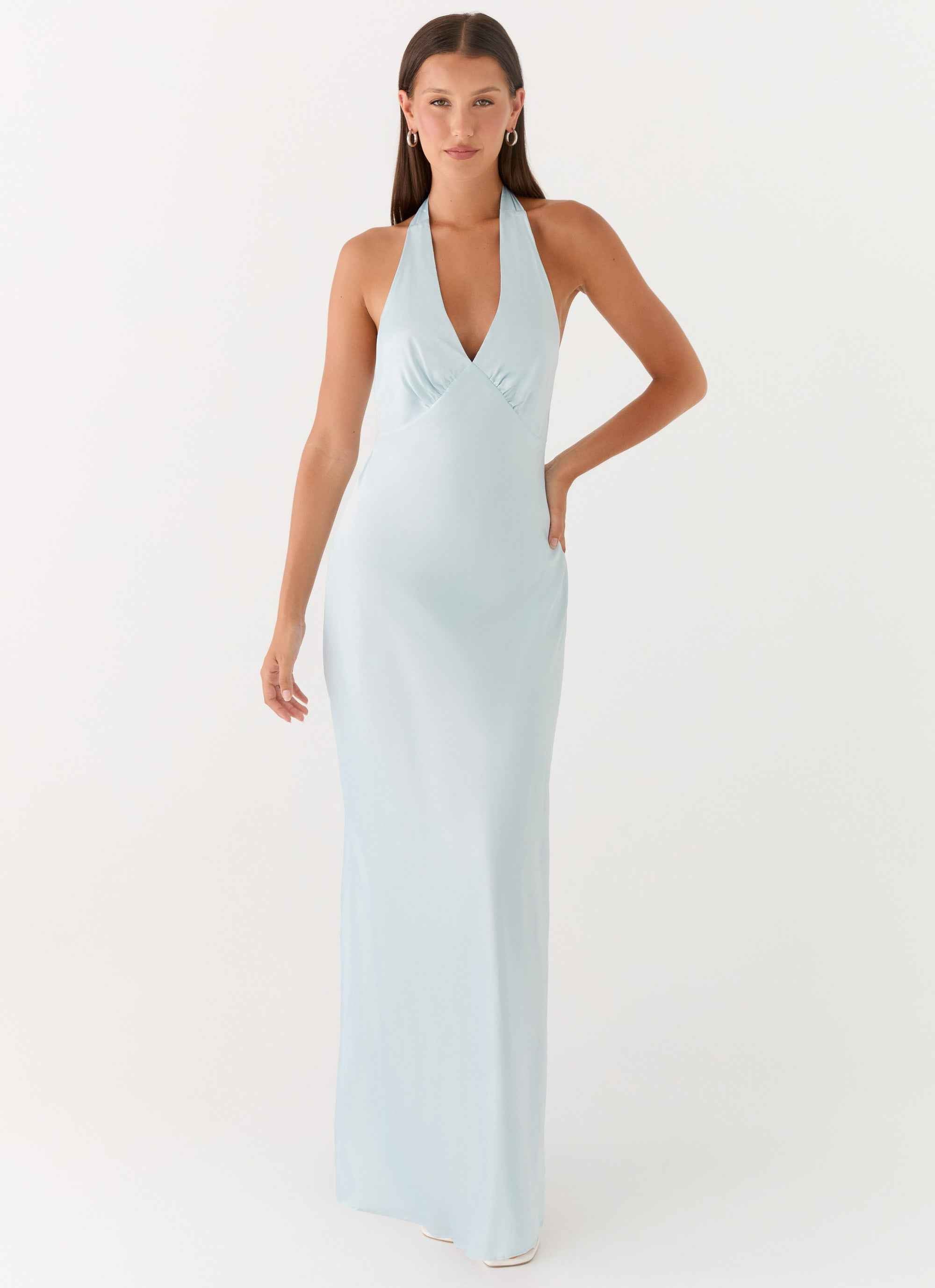 Heavy Hearted Maxi Dress - Ice Blue Satin Halterneck