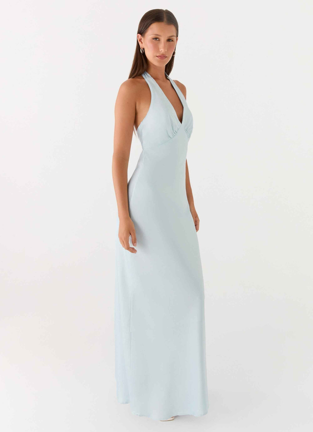 Heavy Hearted Maxi Dress - Ice Blue Satin Halterneck