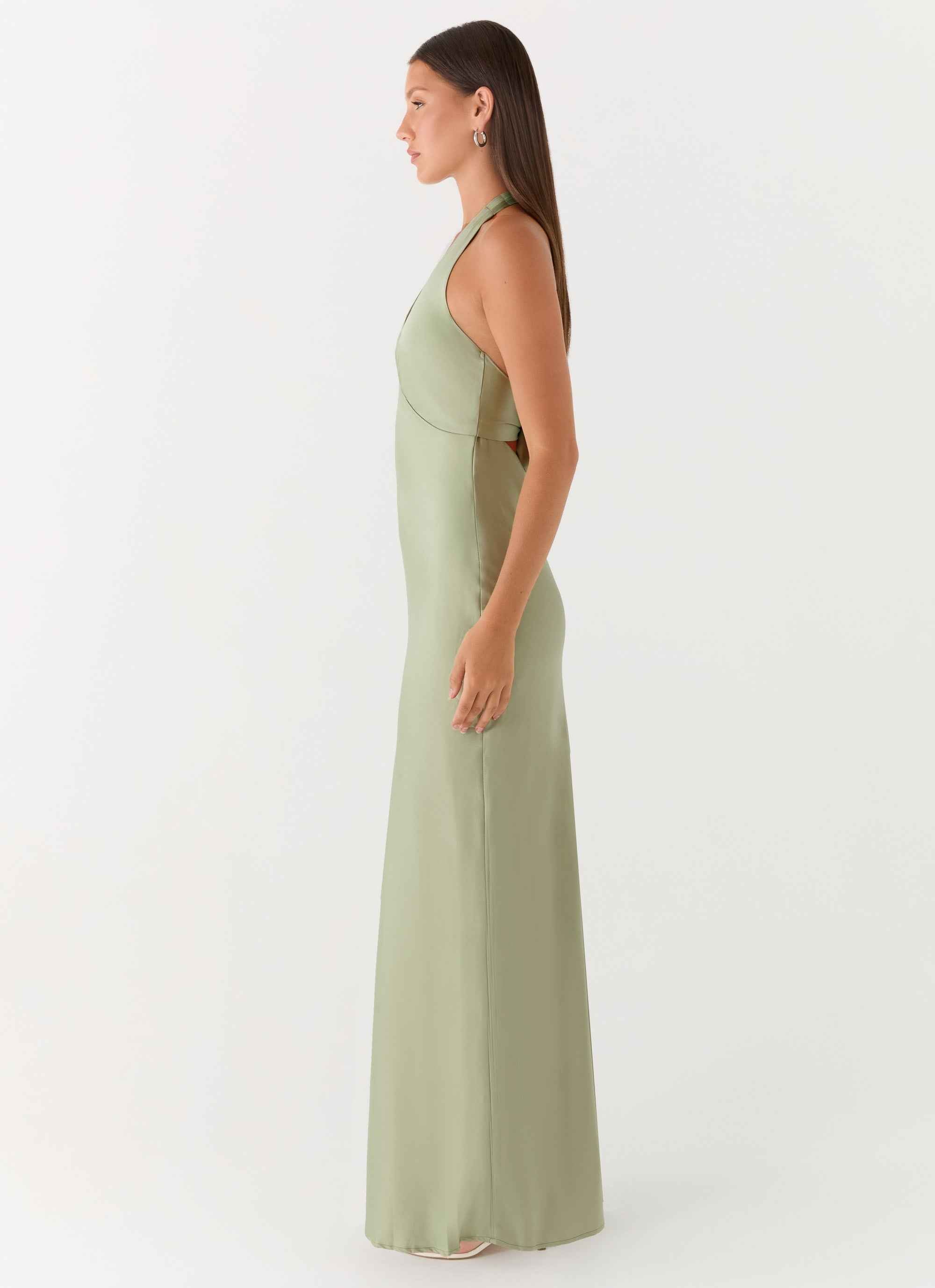 Heavy Hearted Maxi Dress - Sage Satin Halterneck