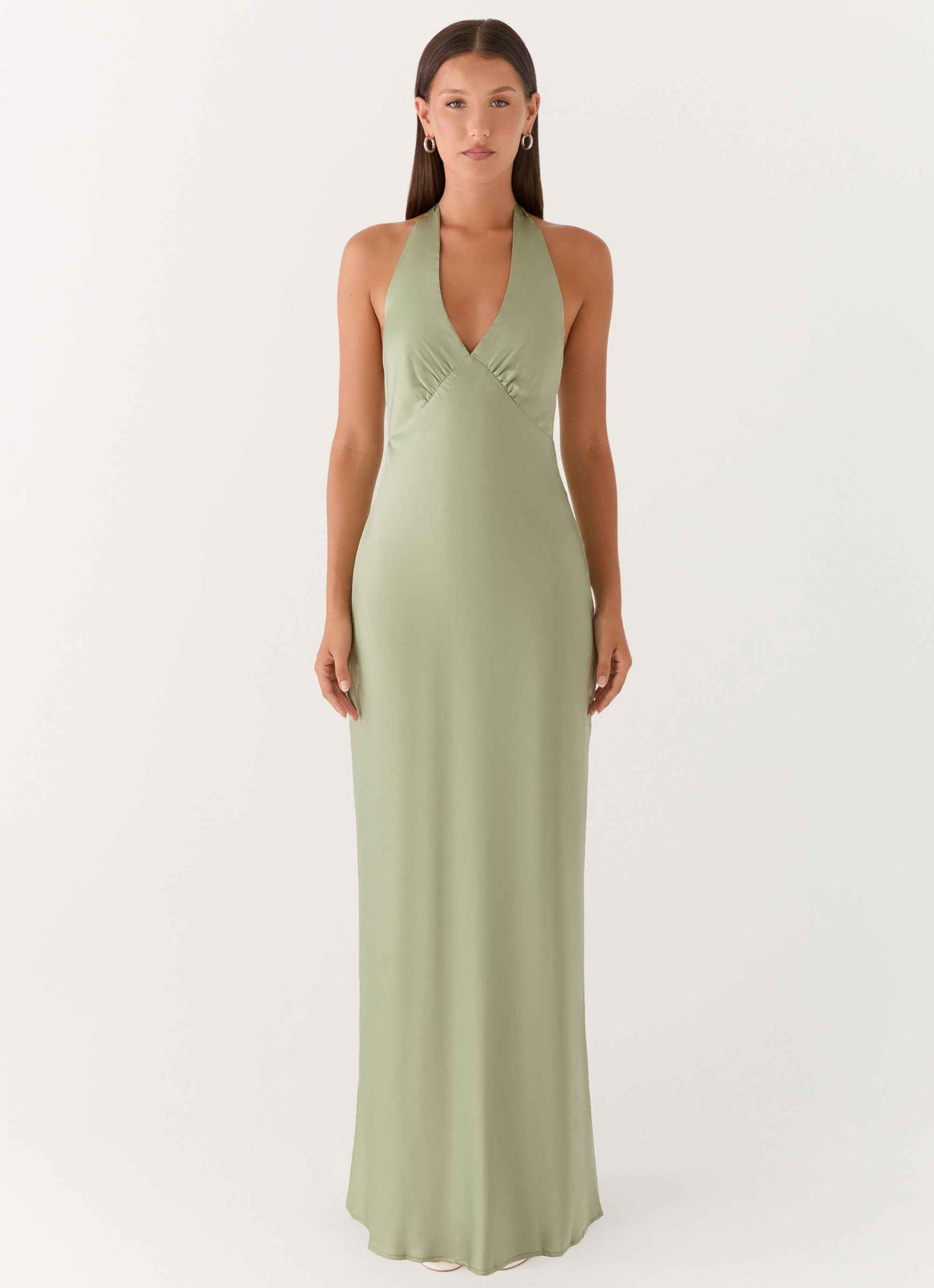 Heavy Hearted Maxi Dress - Sage Satin Halterneck