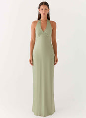 Heavy Hearted Maxi Dress - Sage Satin Halterneck