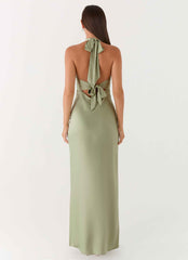 Heavy Hearted Maxi Dress - Sage Satin Halterneck