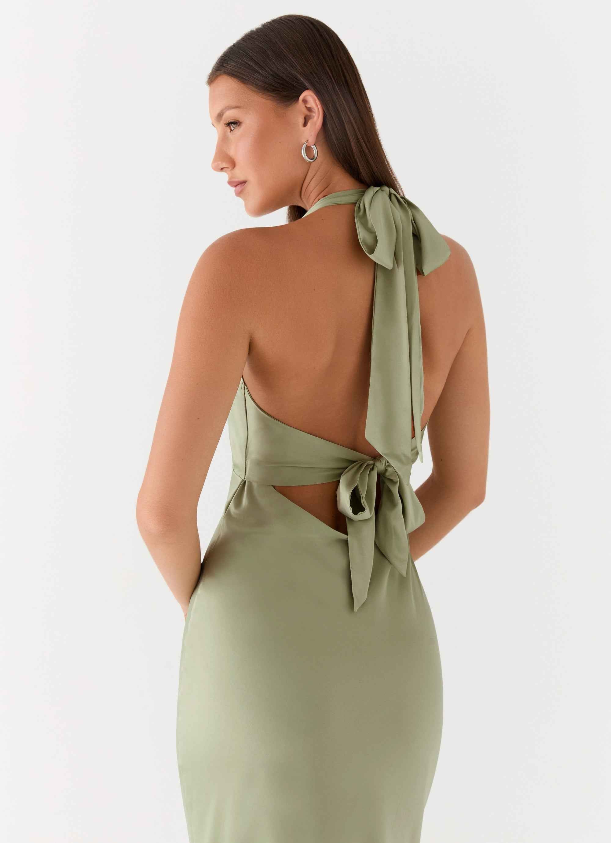 Heavy Hearted Maxi Dress - Sage Satin Halterneck
