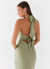 Heavy Hearted Maxi Dress - Sage Satin Halterneck