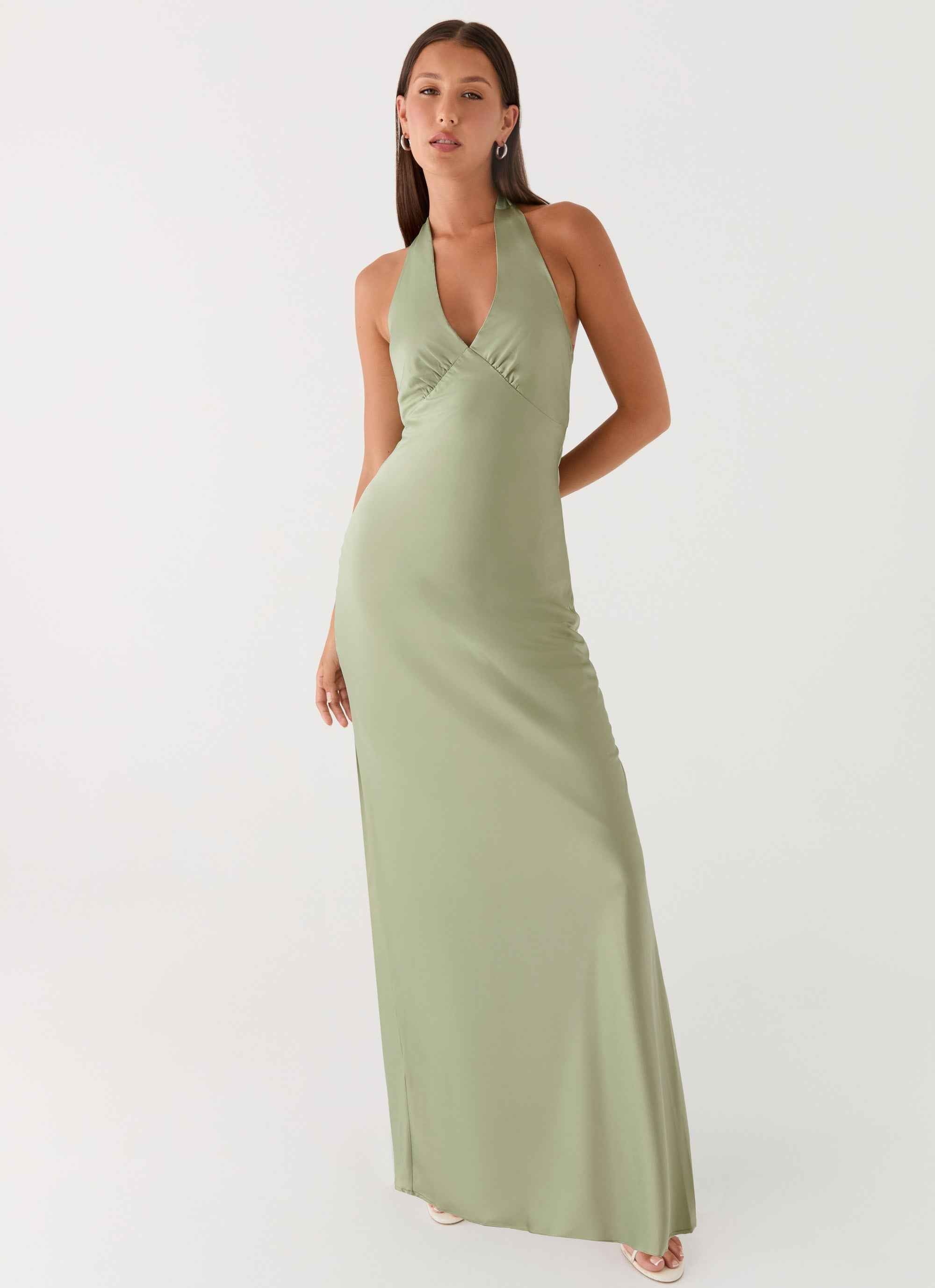 Heavy Hearted Maxi Dress - Sage Satin Halterneck