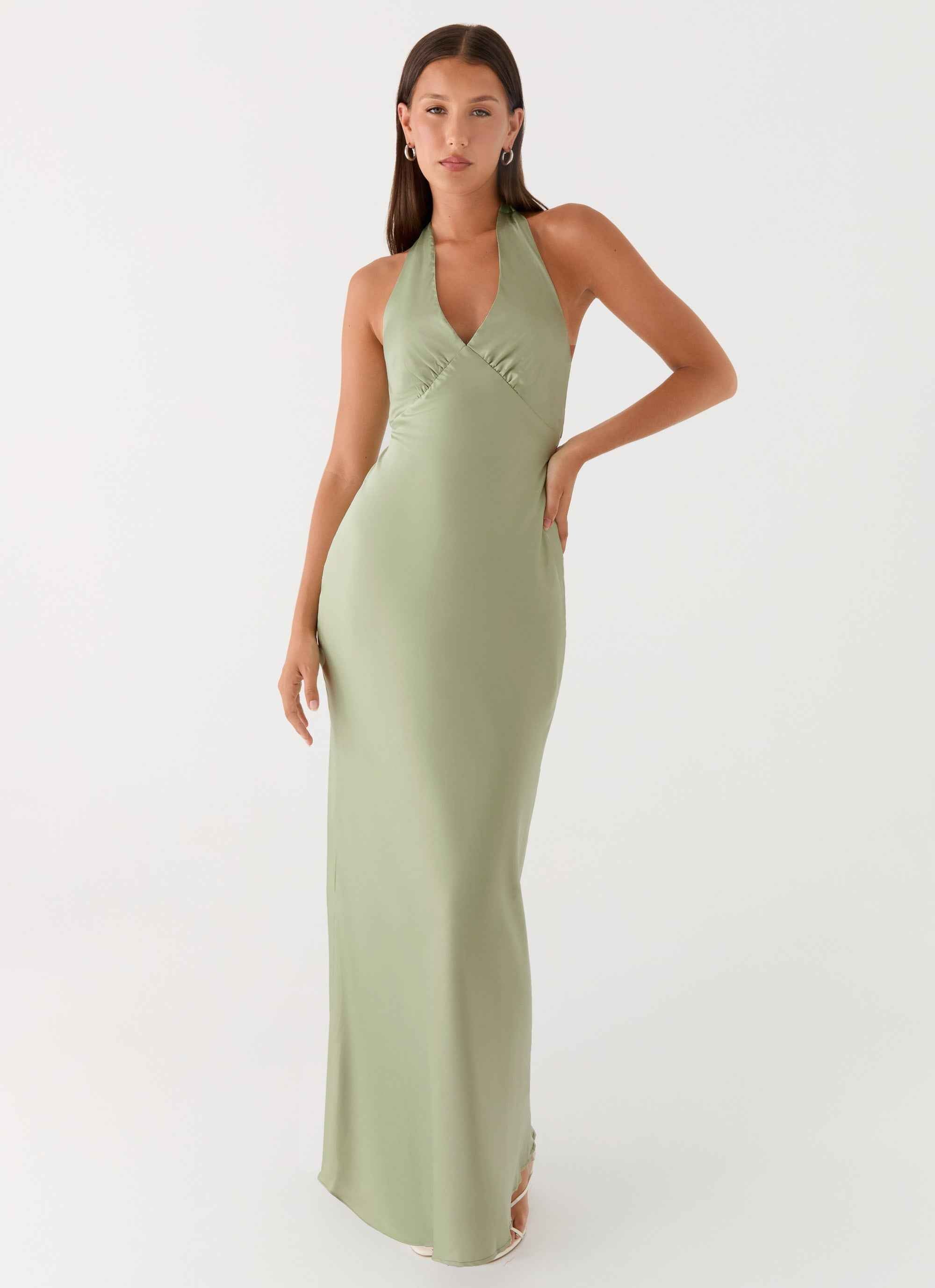 Heavy Hearted Maxi Dress - Sage Satin Halterneck