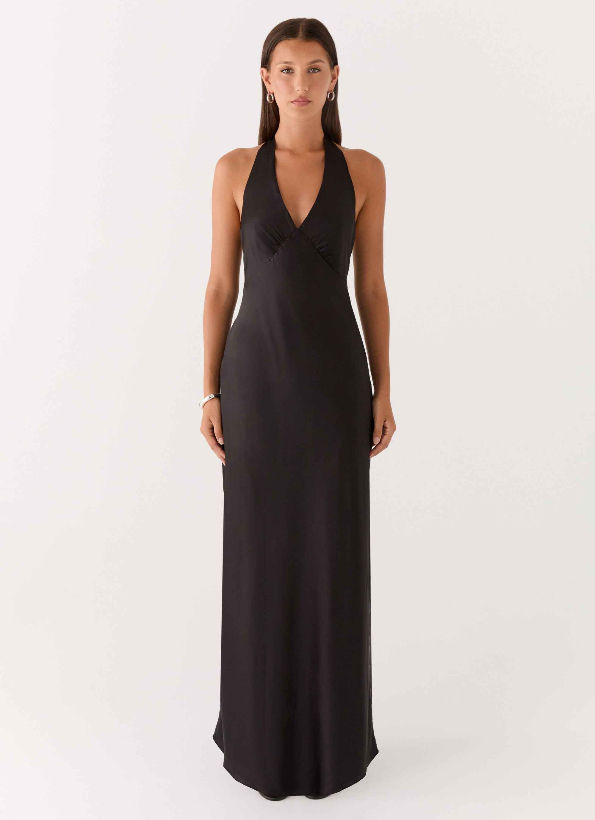 Heavy Hearted Satin Maxi Dress - Black Open-Back
