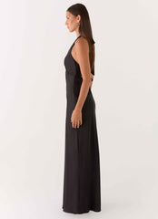 Heavy Hearted Satin Maxi Dress - Black Open-Back