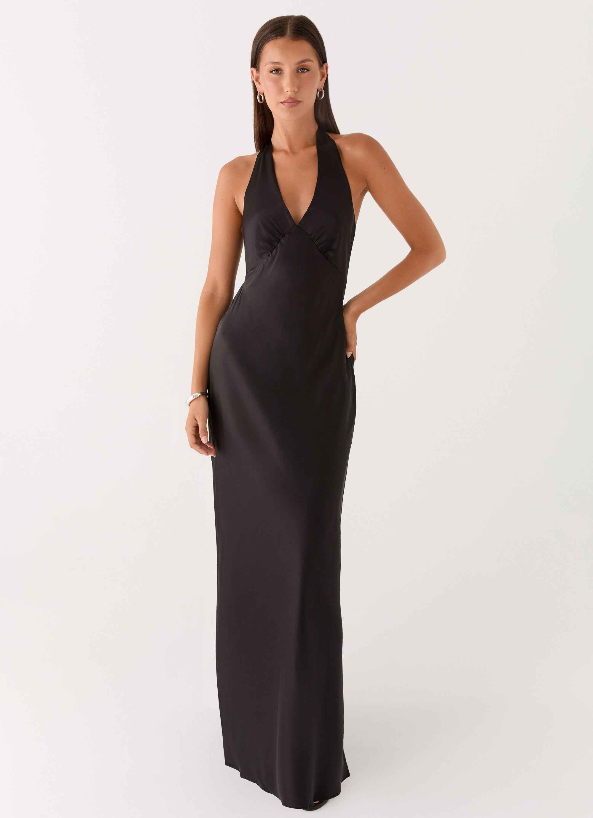 Heavy Hearted Satin Maxi Dress - Black Open-Back