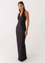 Heavy Hearted Satin Maxi Dress - Black Open-Back