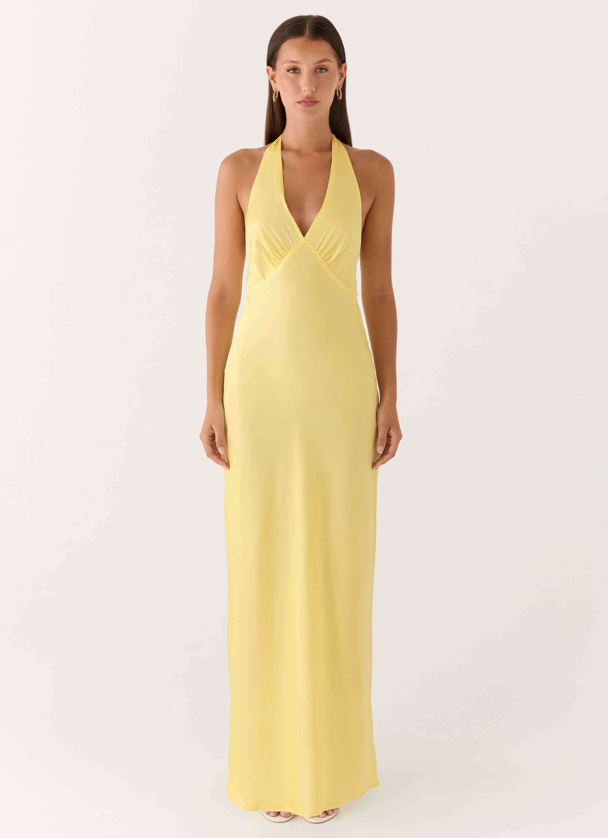 Heavy Hearted Maxi Dress - Lemon Satin Halterneck
