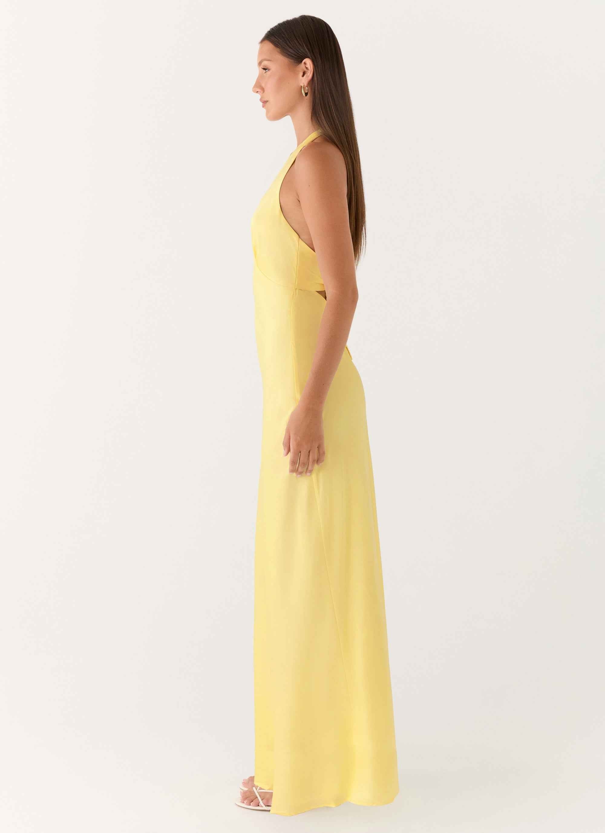 Heavy Hearted Maxi Dress - Lemon Satin Halterneck