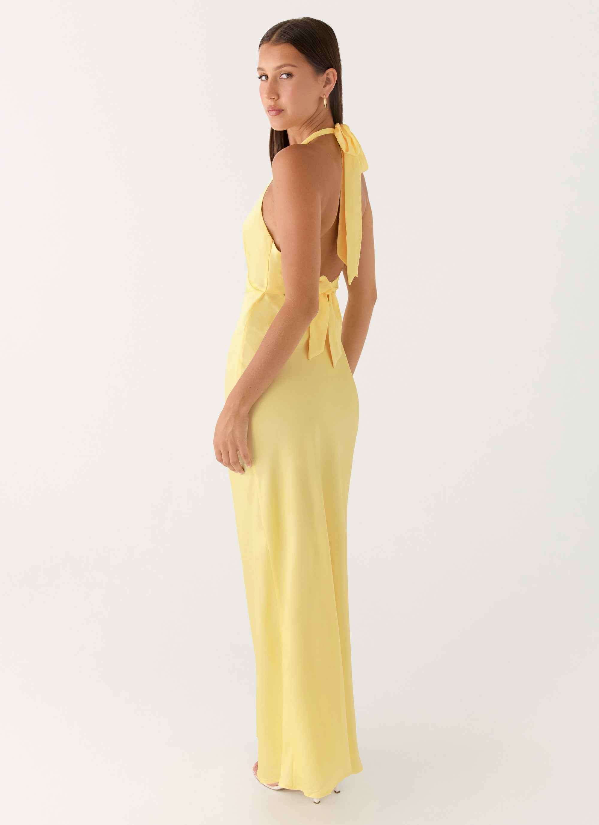 Heavy Hearted Maxi Dress - Lemon Satin Halterneck