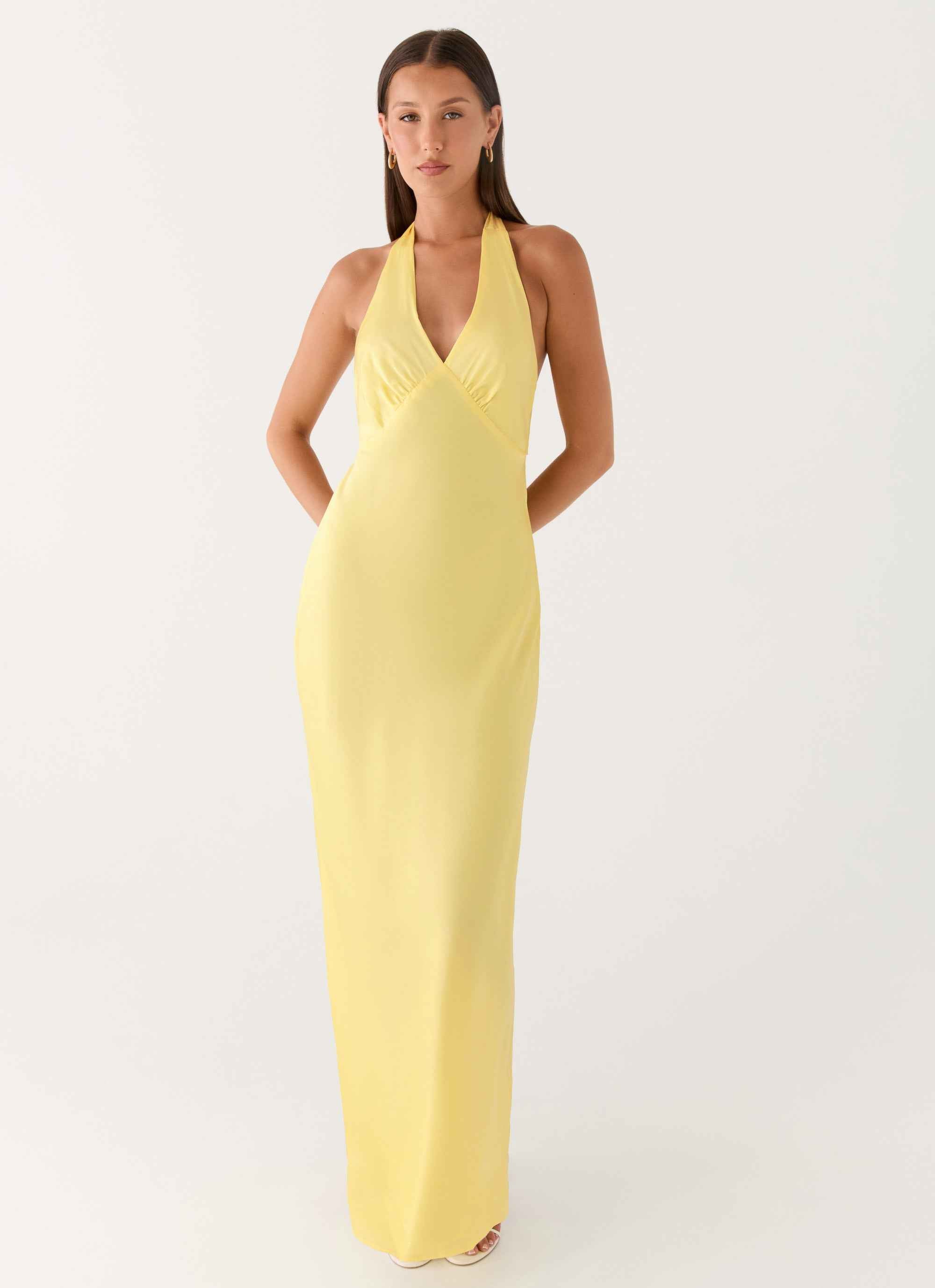 Heavy Hearted Maxi Dress - Lemon Satin Halterneck