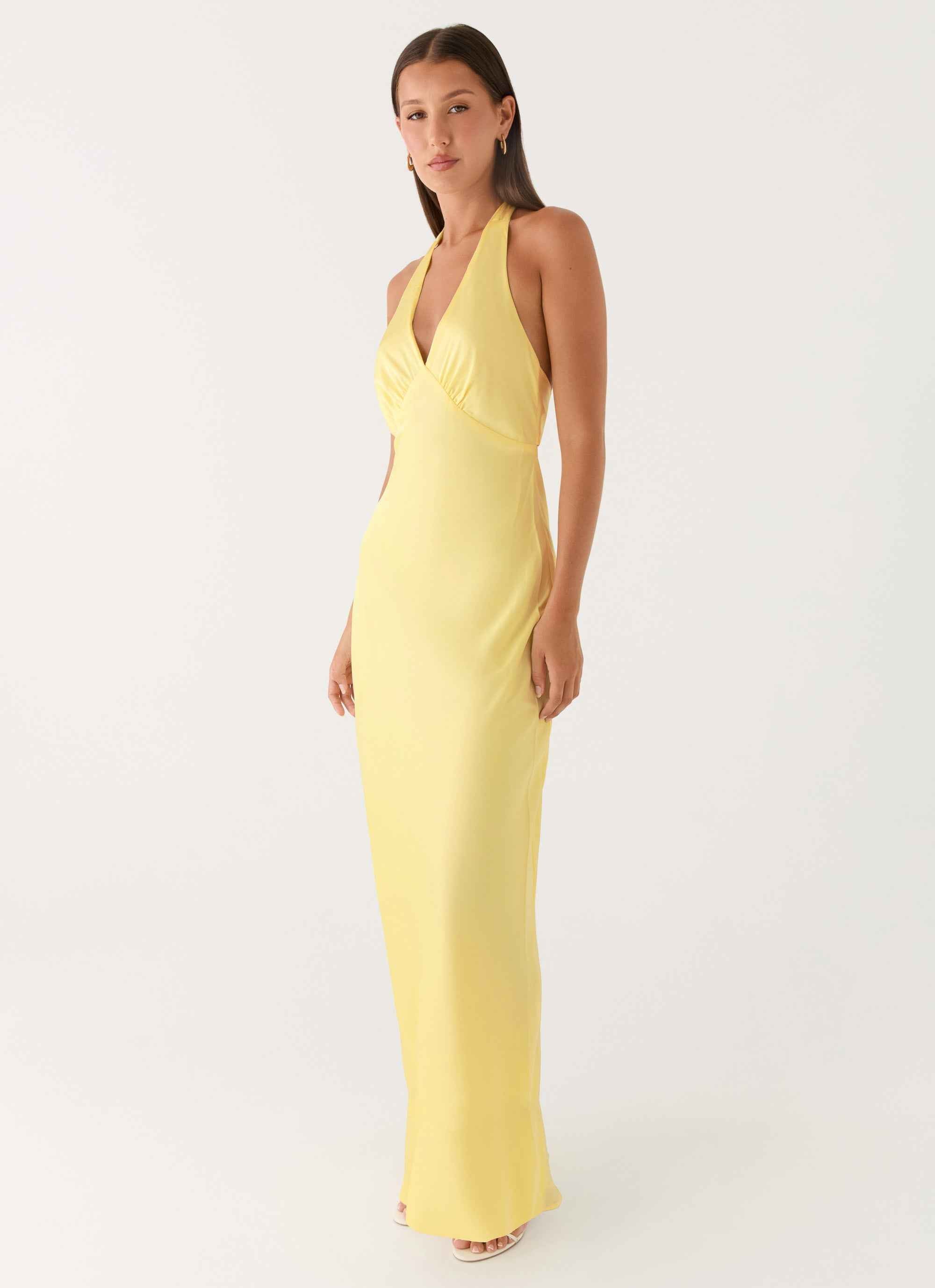 Heavy Hearted Maxi Dress - Lemon Satin Halterneck