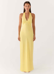 Heavy Hearted Maxi Dress - Lemon Satin Halterneck