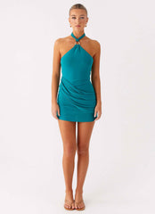 Henrietta Mini Dress - Turquoise Halter Neck