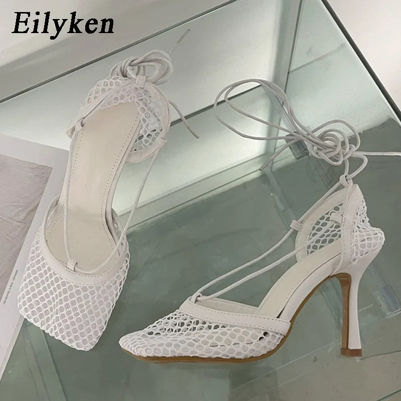 Sexy White Hollow Mesh Woman Pumps Sandals