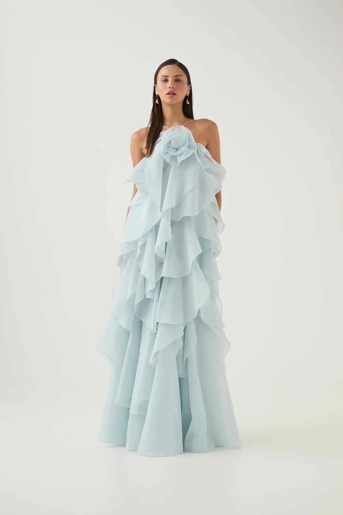 Aje Maxi Dress - Silver Blue Layered Ruffles