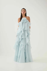 Aje Maxi Dress - Silver Blue Layered Ruffles