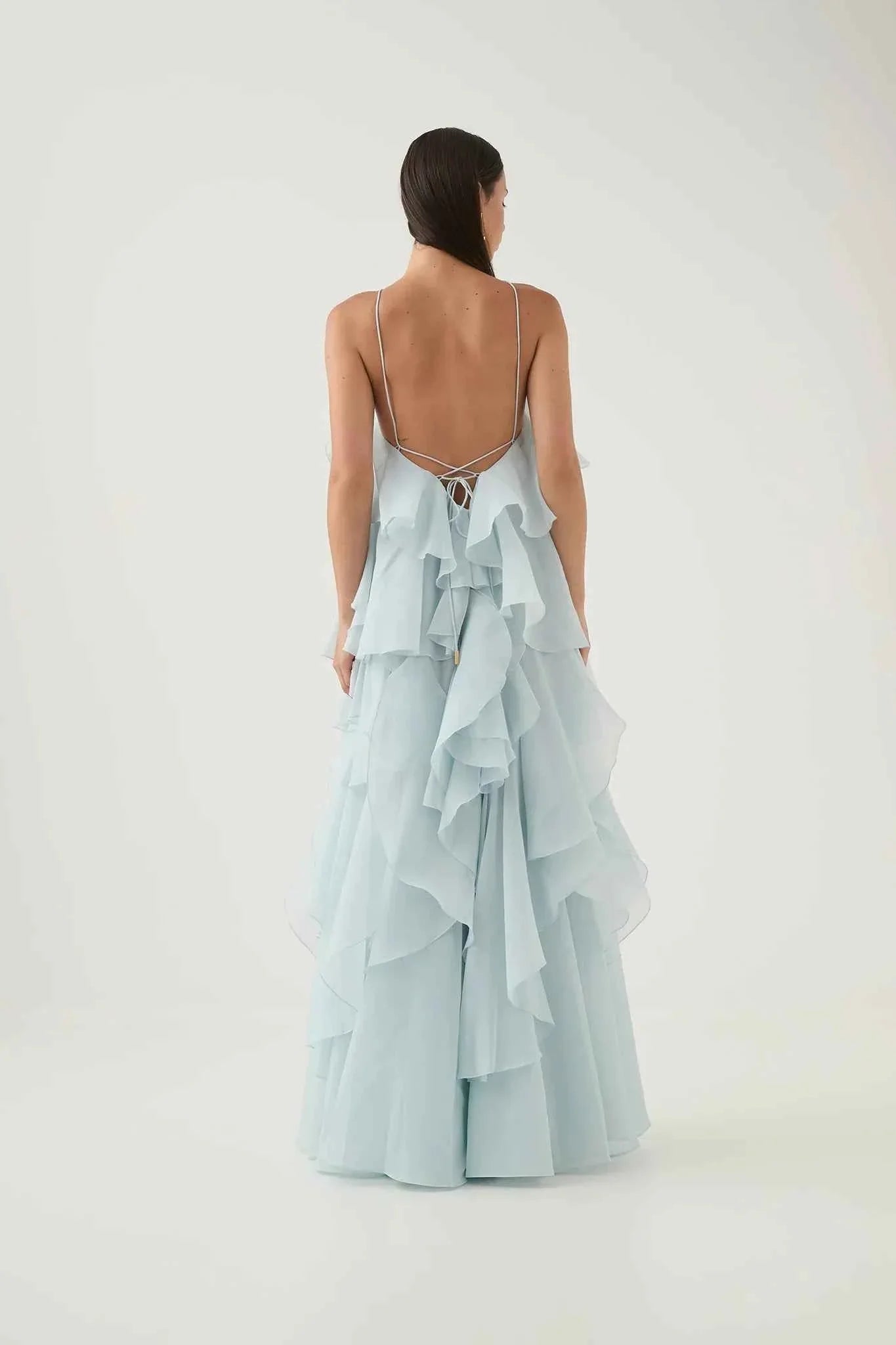 Aje Maxi Dress - Silver Blue Layered Ruffles