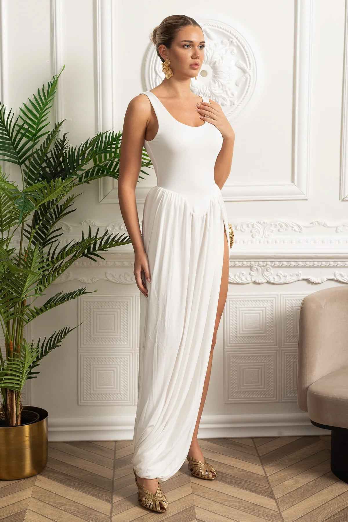 Draped Maxi Dress With Sculptural Skirt And Side Slit - White