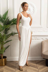 Draped Maxi Dress With Sculptural Skirt And Side Slit - White