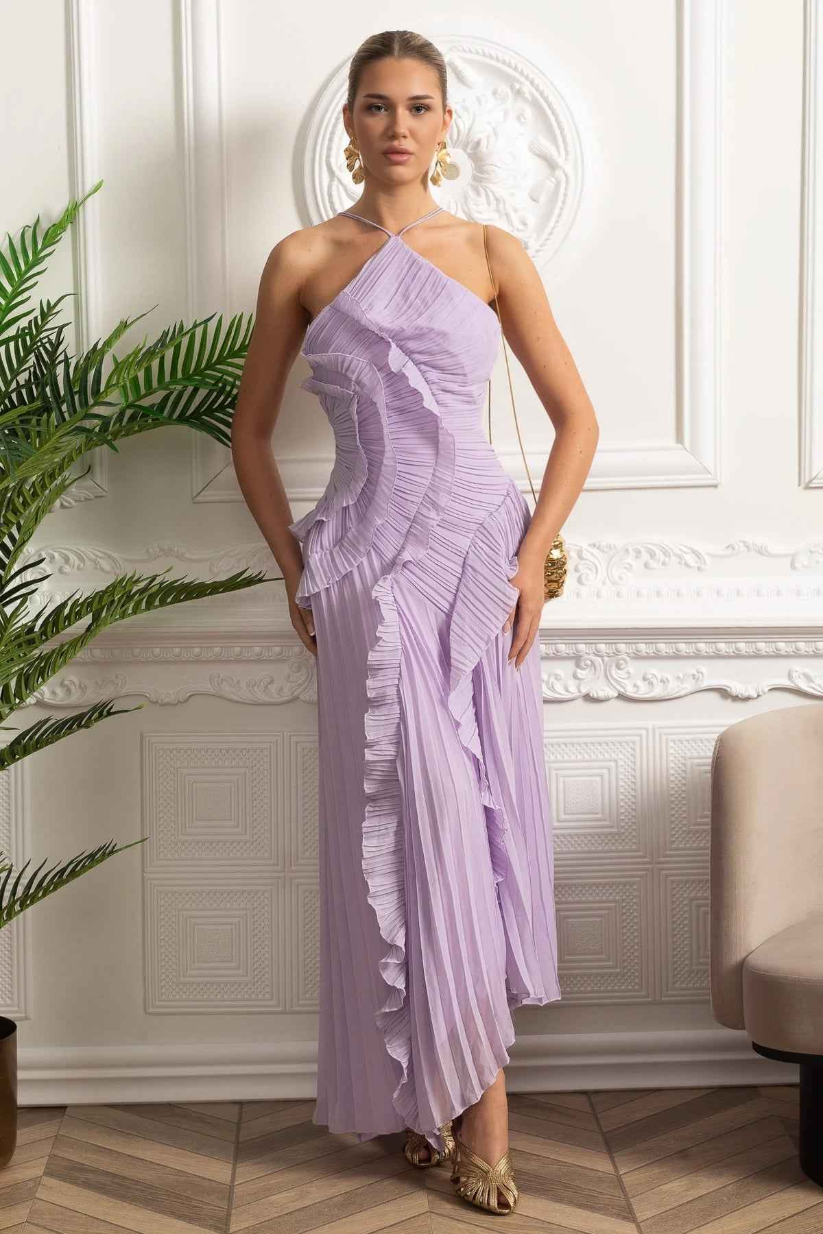 PLEATED HALTER MIDI COCKTAIL PARTY DRESS