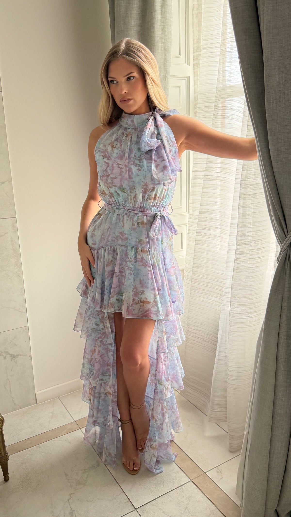 SERAPHINA Chiffon Tiered Ruffle Maxi Dress In Lavender Blue