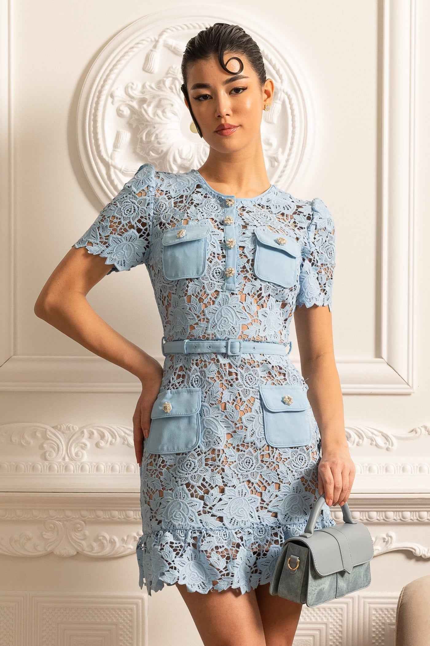 Short Sleeve Embroidered Floral Dress - Blue