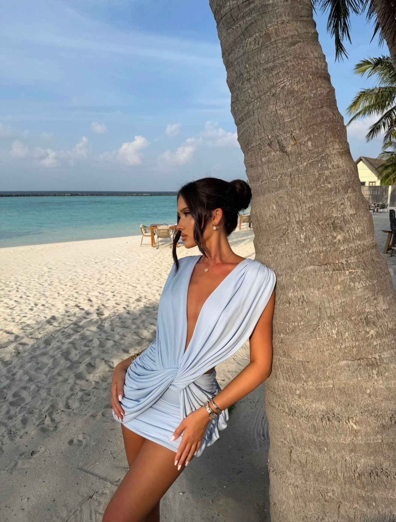 Lilou Mini Dress - Baby Blue Plunging Neckline