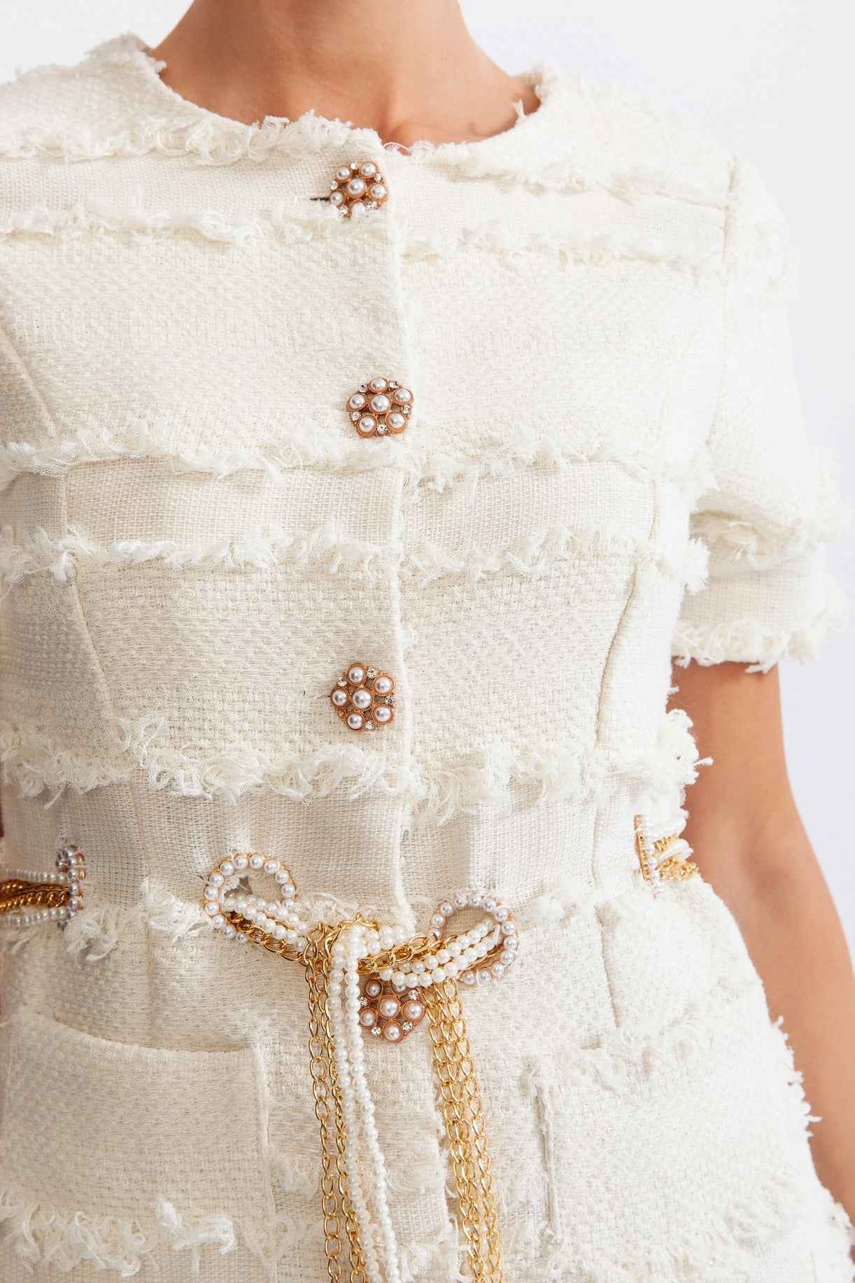 Pearl Chain Tweed Dress - Beige