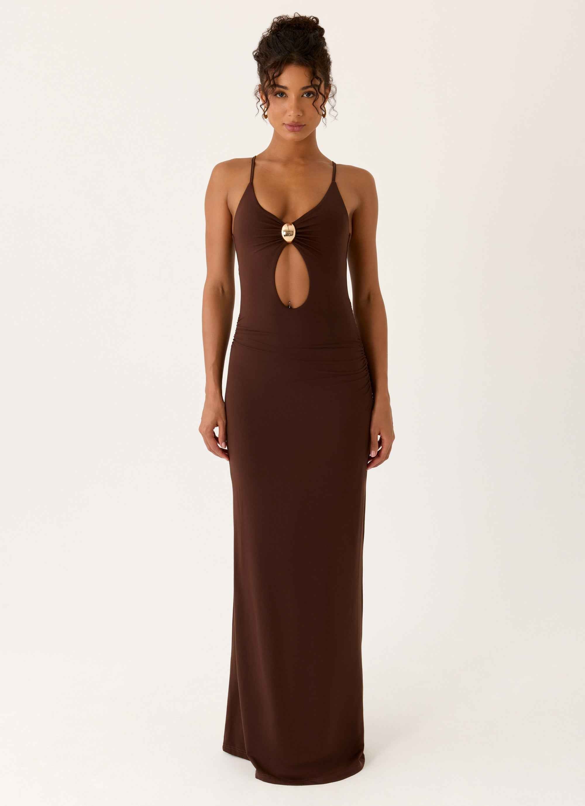 Inez Maxi Dress - Chocolate Keyhole Gold Detail