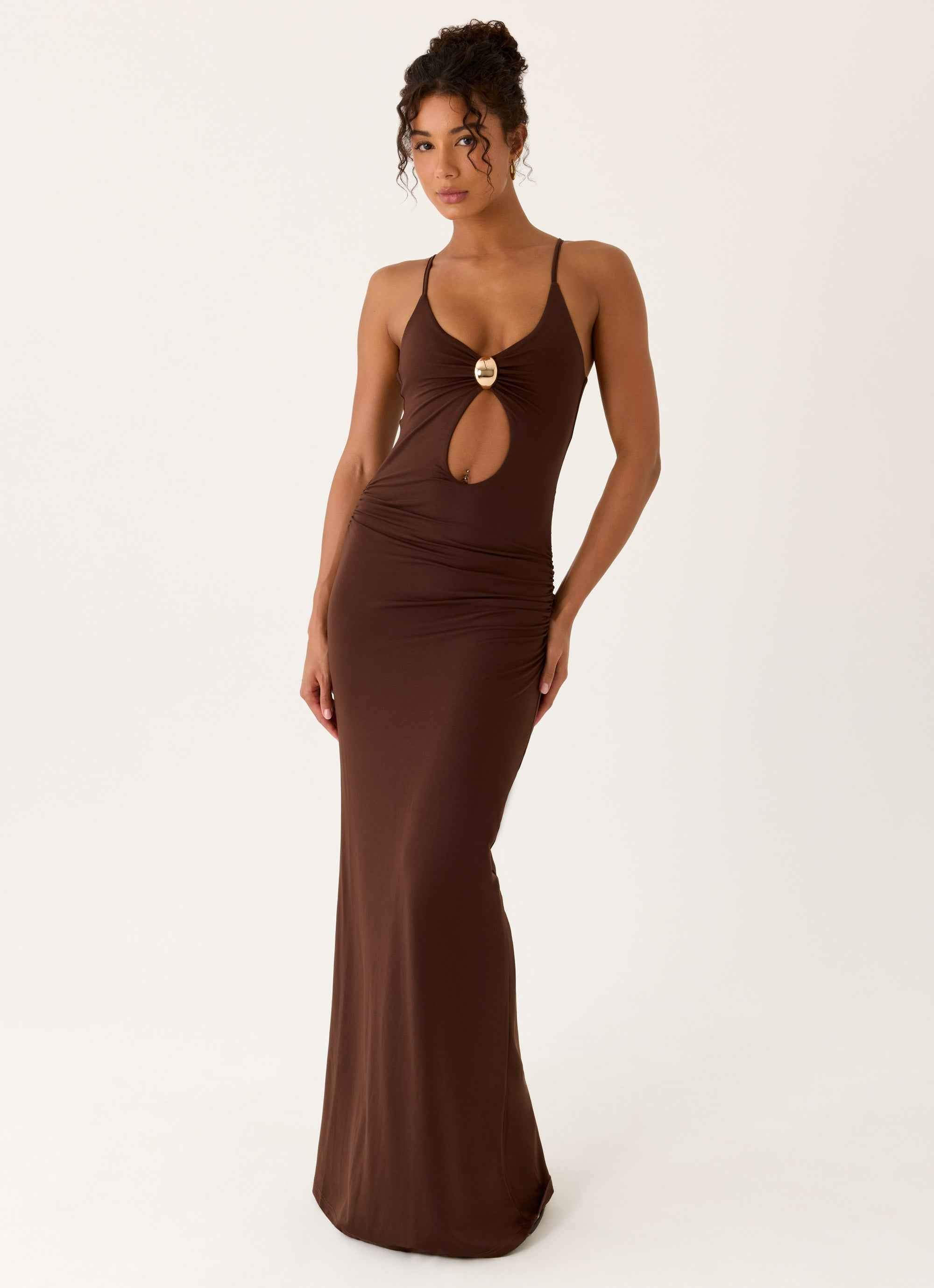 Inez Maxi Dress - Chocolate Keyhole Gold Detail