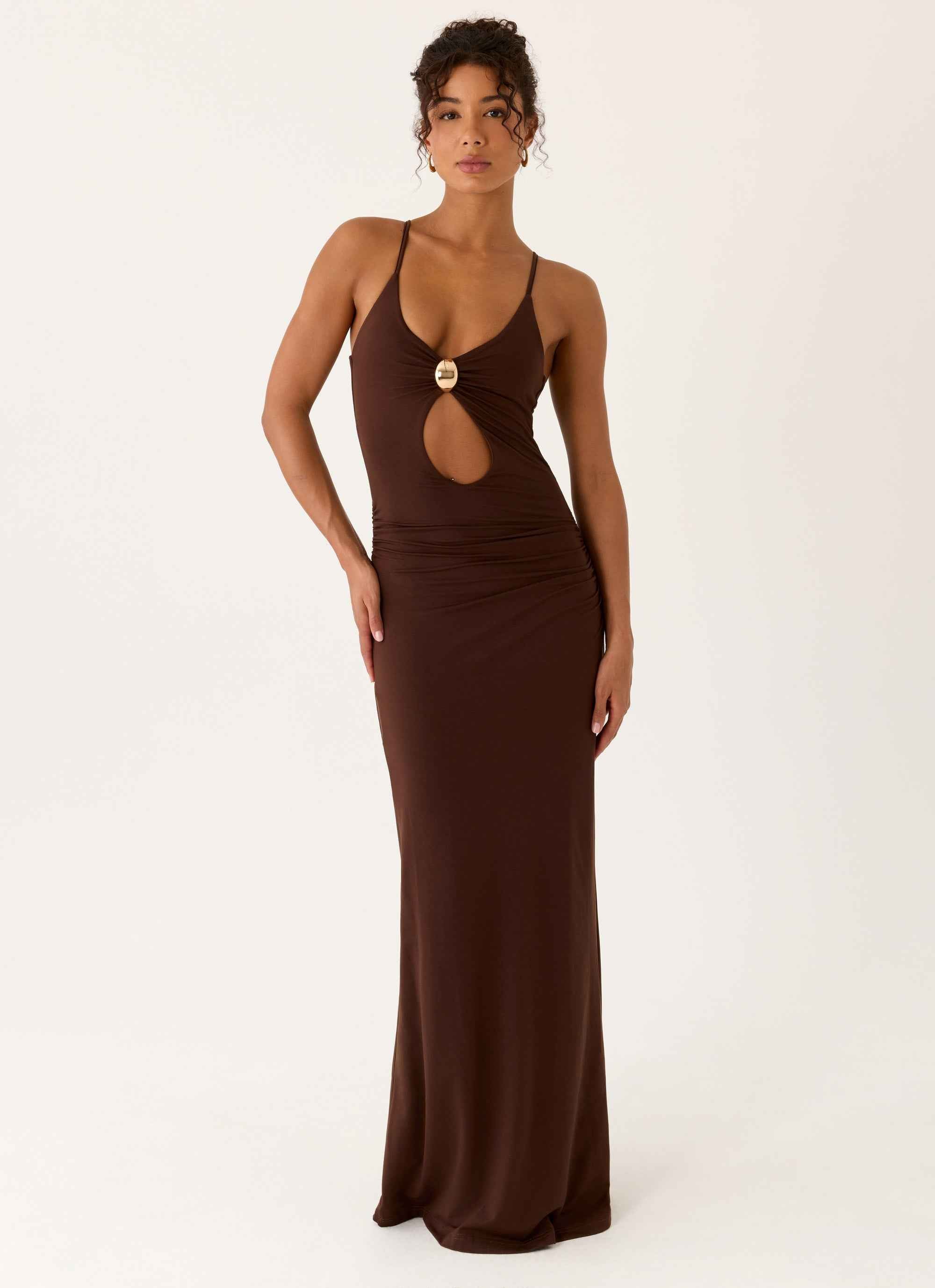 Inez Maxi Dress - Chocolate Keyhole Gold Detail