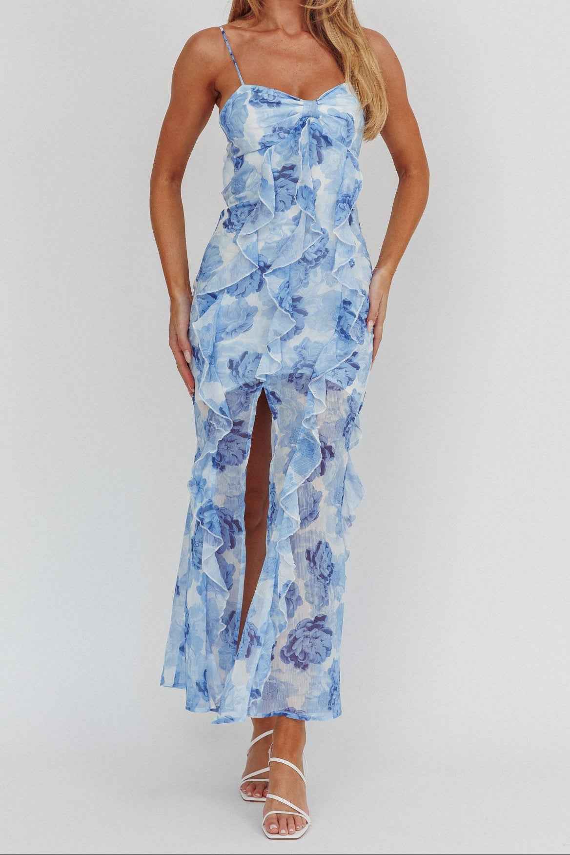 FLORAL RUFFLE MAXI WEDDING GUEST DRESS