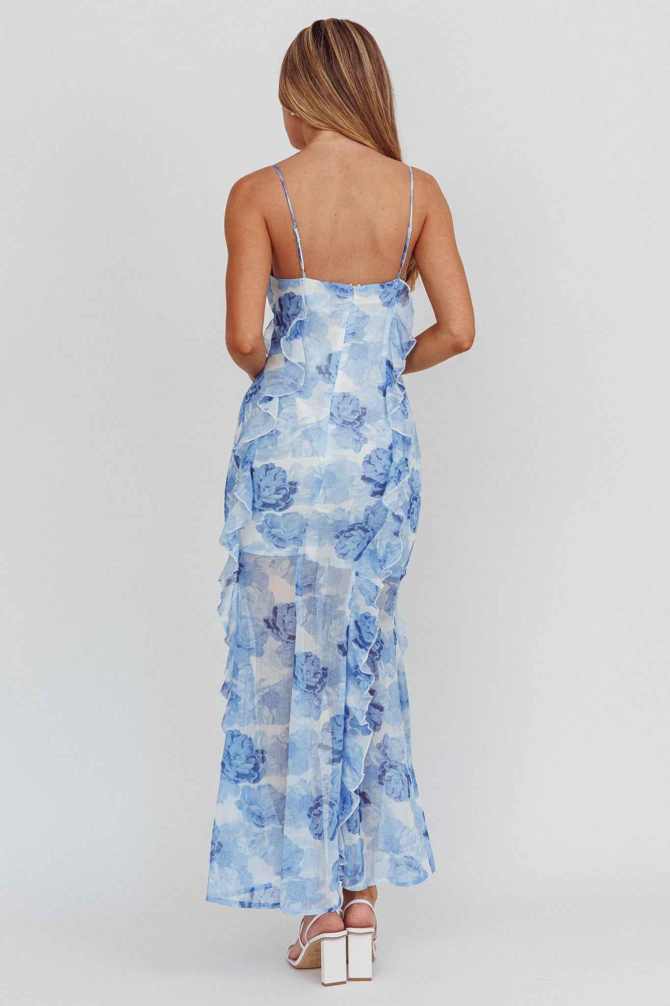 FLORAL RUFFLE MAXI WEDDING GUEST DRESS