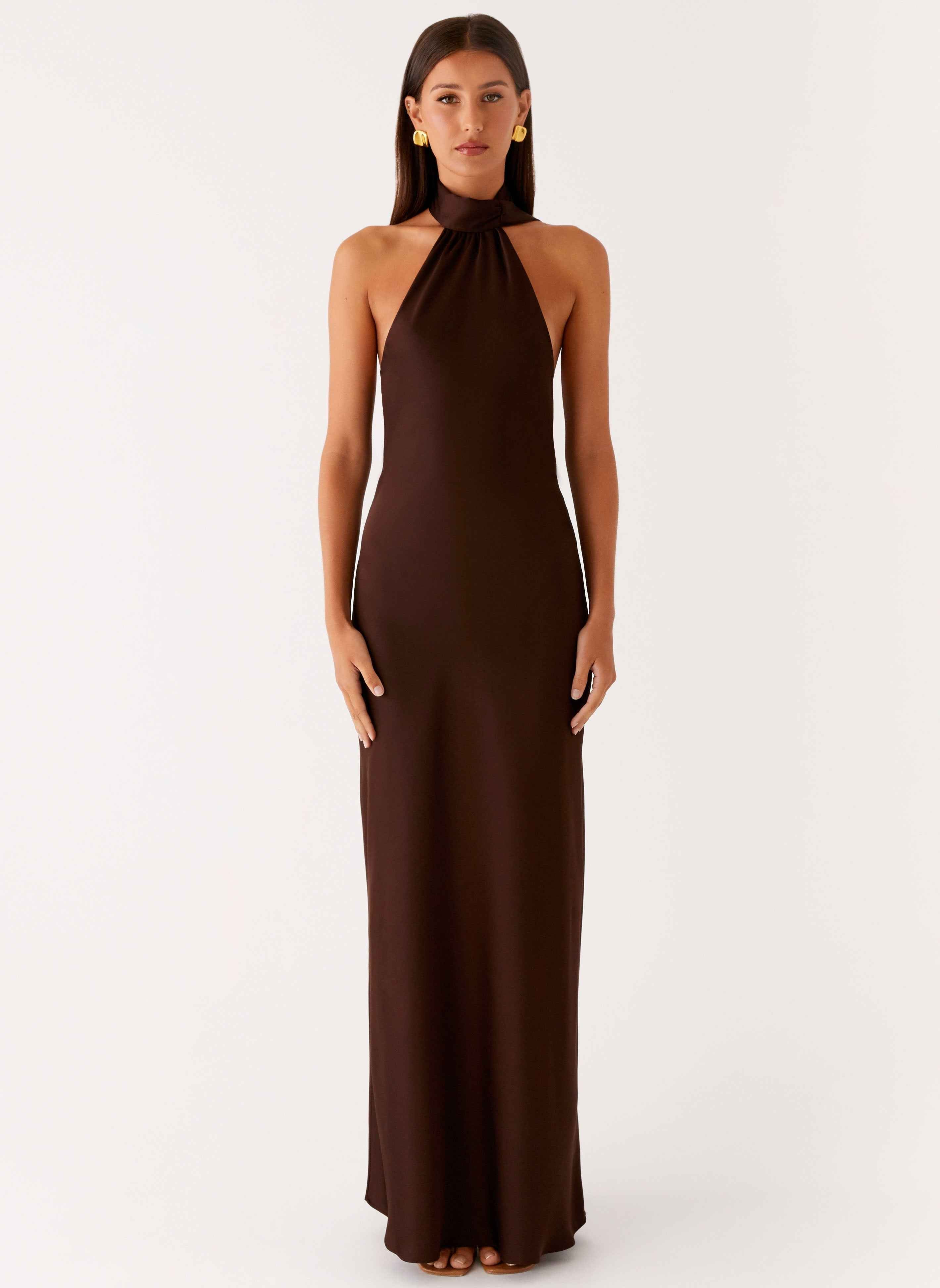 Keena Maxi Dress - Chocolate Satin Halter