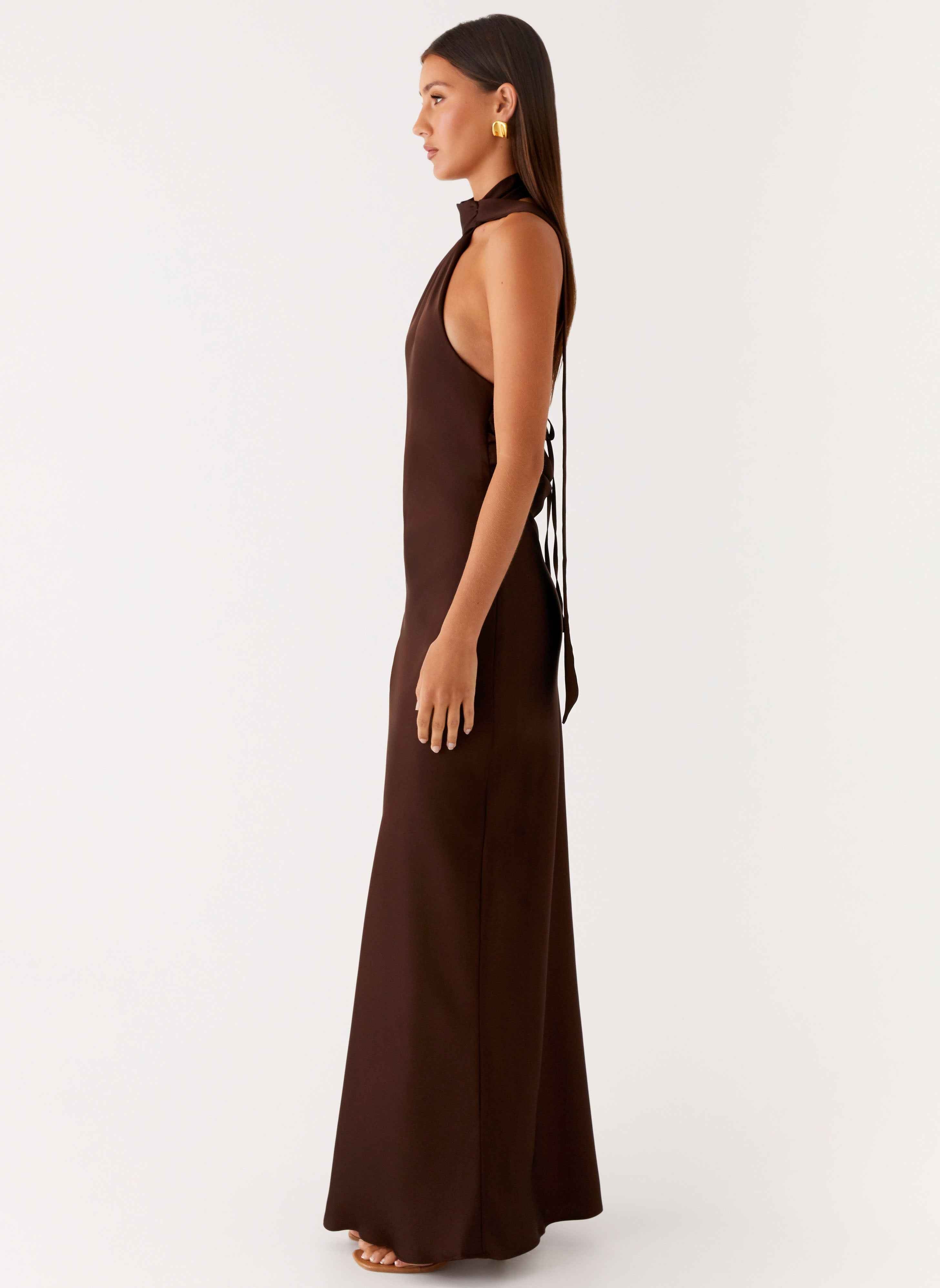 Keena Maxi Dress - Chocolate Satin Halter