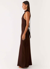 Keena Maxi Dress - Chocolate Satin Halter