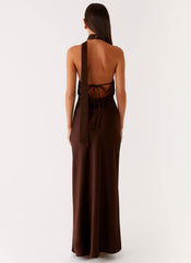 Keena Maxi Dress - Chocolate Satin Halter