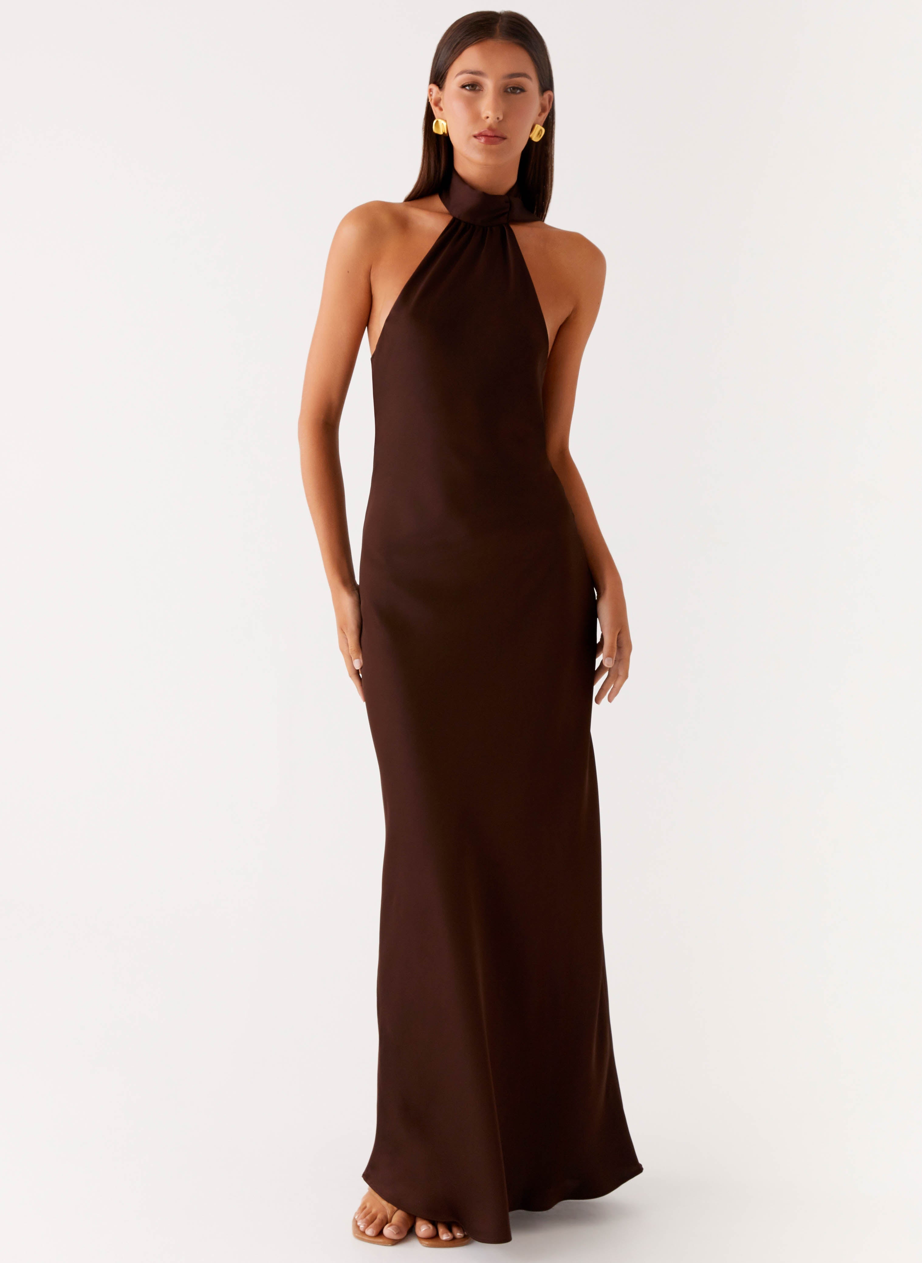 Keena Maxi Dress - Chocolate Satin Halter